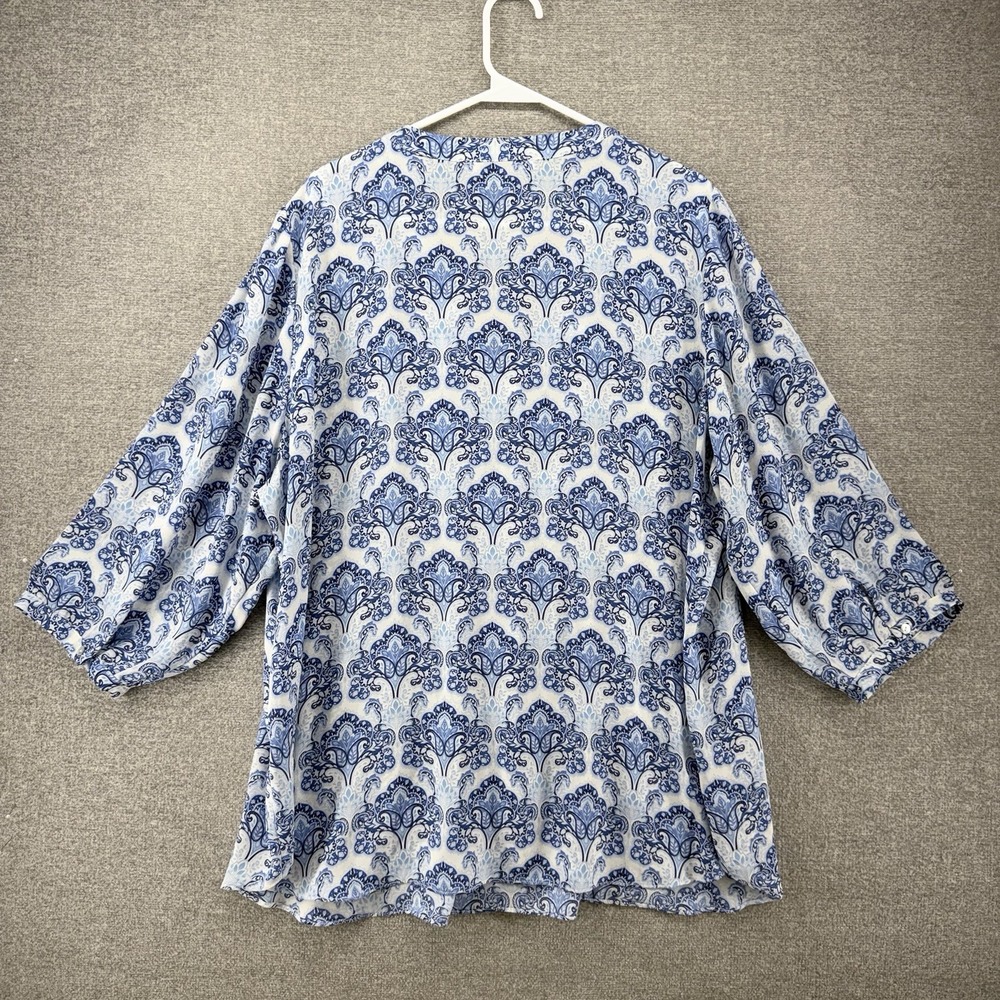 Rose+ Olive Blouse Top Women Size 2X White Paisley Blue 3/4 Sleeve - Picture 2 of 8